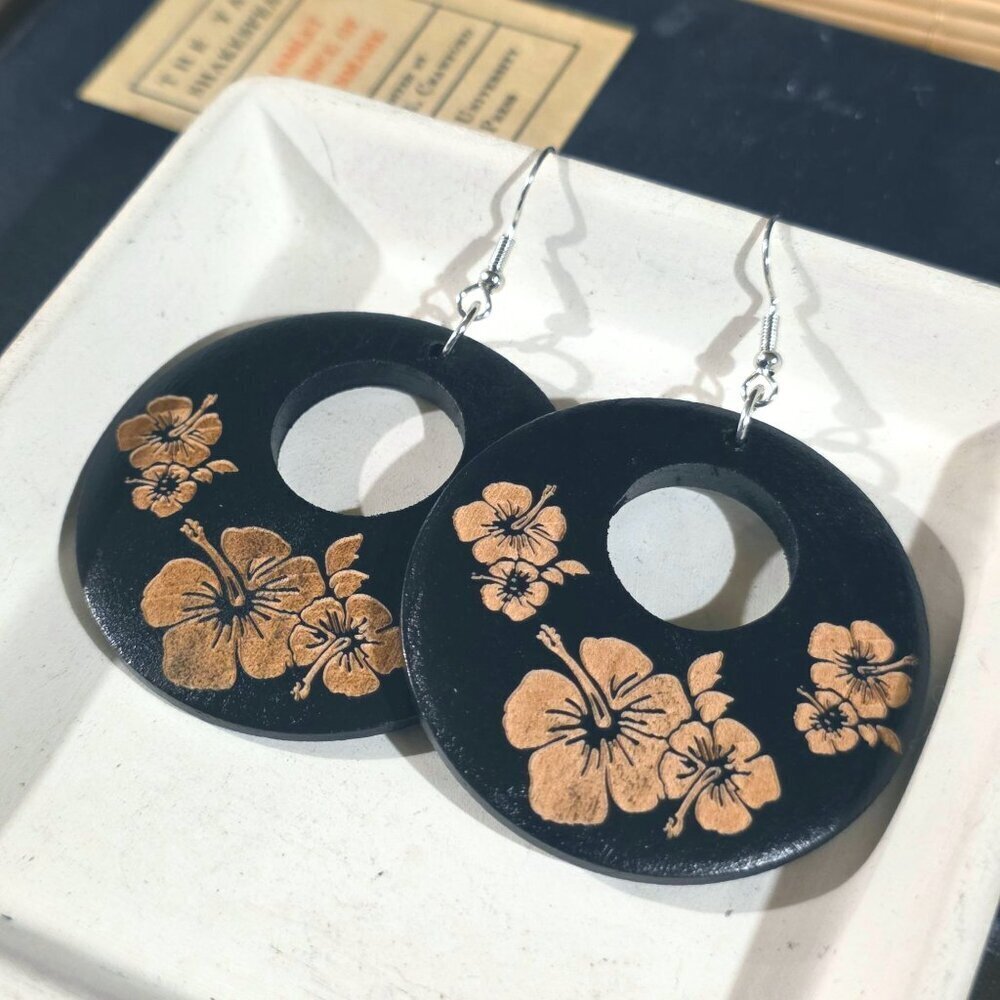Tropical Flowers Tribal Style Black Tan Laser Etched Handmade Wood Earrings